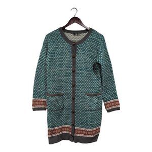 MAK B Women's Long-Lined Cardigan Sweater Button-Down Wool Blend Teal Sz S/M
